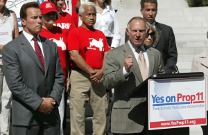 CalChamber President and CEO Allan Zaremberg and then-Governor Arnold Schwarzenegger appear at a September 23, 2008 news conference at the State Capitol to encourage voters to support the redistricting reform in Proposition 11. Photo by Aaron Lambert