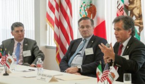 A CalChamber-hosted international luncheon focuses on trade and investment opportunities in Mexico and California with speakers (from left) Marcelo Sada, Source Logistics; Dr. José Blanco, Central Valley Fund Capital Partners; and Dr. Pedro Javier Noyola, Aklara and the NAFTA Fund. Photo by Sara Espinosa