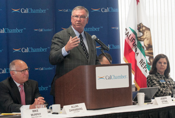 Timothy Quinn, executive director of the Association of California Water Agencies, explains to the CalChamber Board of Directors on May 28 that the state is good at managing its way through droughts (10 in the last century), as befits a Mediterranean climate. The current “millennial drought” is a “humdinger,” Quinn says, consisting of the driest sequence of three or four years in 1,200 years., with 2014 being among the hottest and driest on record. The economy is still strong, Quinn says, noting that the Brown administration strategy, like that of the Wilson administration in the 1990s drought, aims to reduce ornamental uses of water and protect business uses to minimize the economic and jobs impact of the water shortage.