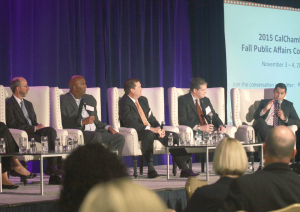 Other panelists reviewing the 2015 legislative year are (from left): Senator Steve Glazer (D-Contra Costa), and Assemblymembers Jim Cooper (D-Elk Grove), Bill Brough (R-Dana Point), David Hadley (R-Torrance) and Miguel Santiago (D-Los Angeles).