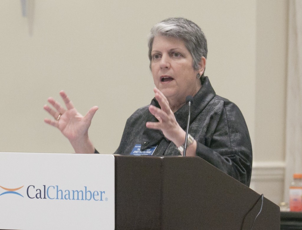 University of California President Janet Napolitano presents to fellow members of the CalChamber Board of Directors on March 4 an overview of the UC system’s role as an economic engine and innovation center for the state. In addition to increasing enrollment of California undergraduates by 10,000 students over the next three years (5,000 this fall and 2,500 in each of the next two years), the university aims to increase the number of community college transfer students and is adding 11 more majors to the current 10 in the UC Transfer Pathway Program. The university also is highlighting the importance of graduate students to its teaching and research missions through the UC Grad Slam competition. One element involves students presenting a 2-minute elevator pitch about their research.