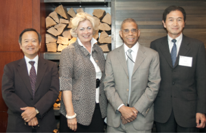 (From left) Satoshi Okawa, president, Japan Business Association of Southern California (JBA)/ Sumitomo Corporation of Americas; Susanne T. Stirling, CalChamber vice president of international affairs; CalChamber Board member Frank Washington, Crossings TV; and Ken-ichi Sato, president, Japanese Chamber of Commerce of Northern California (JCCNC)/Kokusai Semiconductor Equipment Corporation.