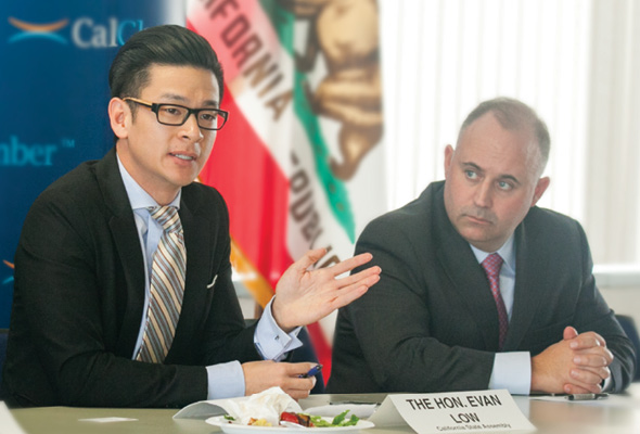 Assemblyman Evan Low (D-Campbell) answers questions from the CalChamber Labor and Employment Committee, chaired by Anthony L. Sabatino (right), Securitas Security Services USA Inc., about concerns such as college affordability, technology innovation, the housing crisis in the Bay Area and the unintended consequences of some legislation.