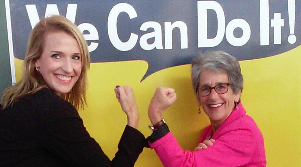 CalChamber Policy Advocate Jennifer Barrera (left) and Senator Hannah-Beth Jackson (D-Santa Barbara) flex their muscle in a show of support of SB 358 at the bill signing ceremony.