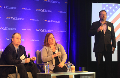 Presenting tales from the federal election trail on the second day of the conference are (from left) Trent Wisecup, FP1 Strategies; Maura Dougherty, Prism Communications; and moderator Rob Stutzman, Stutzman Public Affairs. 